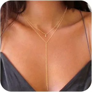 Foxgirl Dainty Long Gold Necklaces for Women, Trendy Lariat Y Necklace 14k Gold Plated Layered Beaded Drop Necklaces Simple Handmade Bar CZ Pendant Y-Shaped Chain Jewelry Gift Wedding