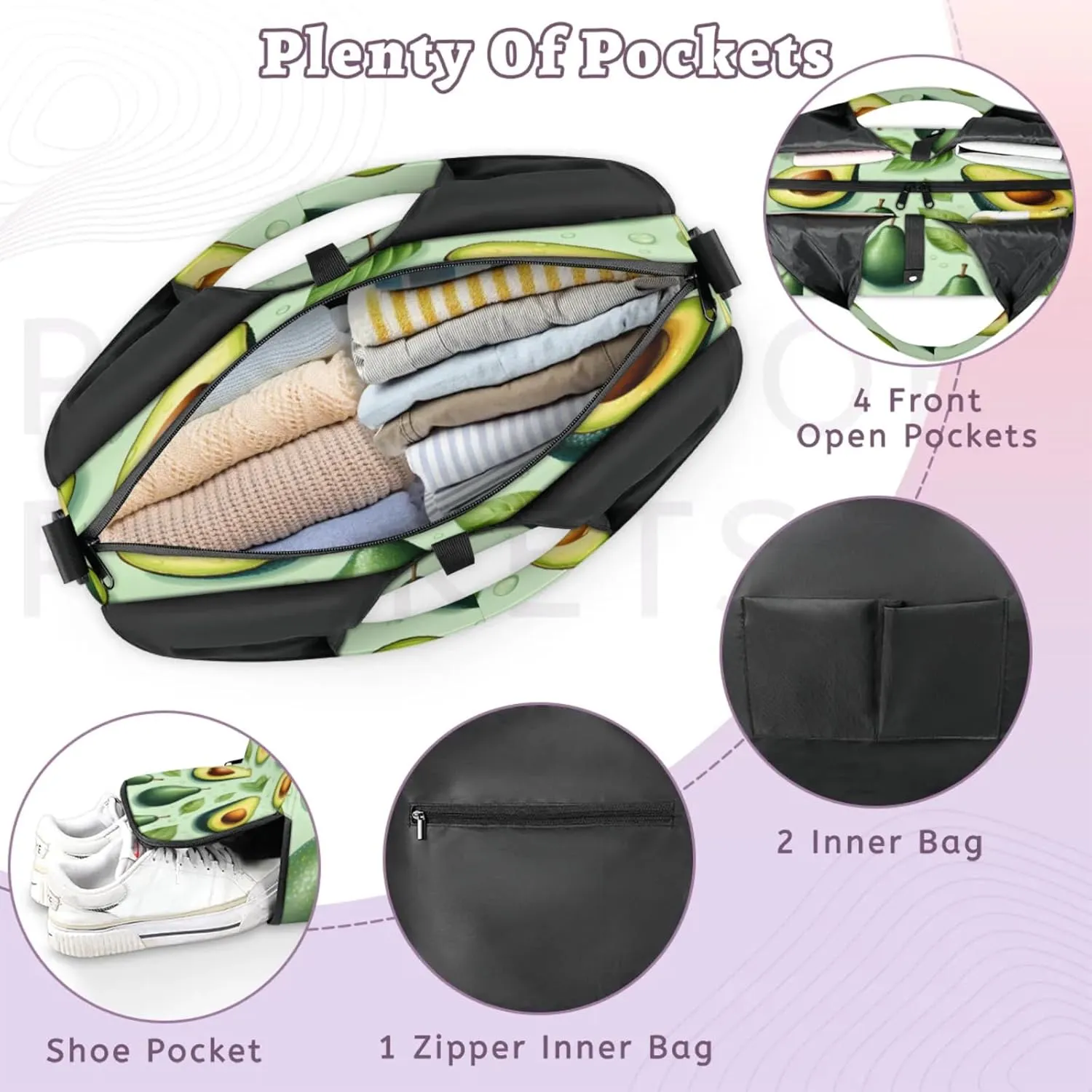 Fresh Avocado Pattern Waterproof Gym Bag for Men Women, Sports Duffel Bag with Shoe Compartment Yoga Mat Holder, Portable Large Travel Bag for Fitness, Camping, Weekend Trips