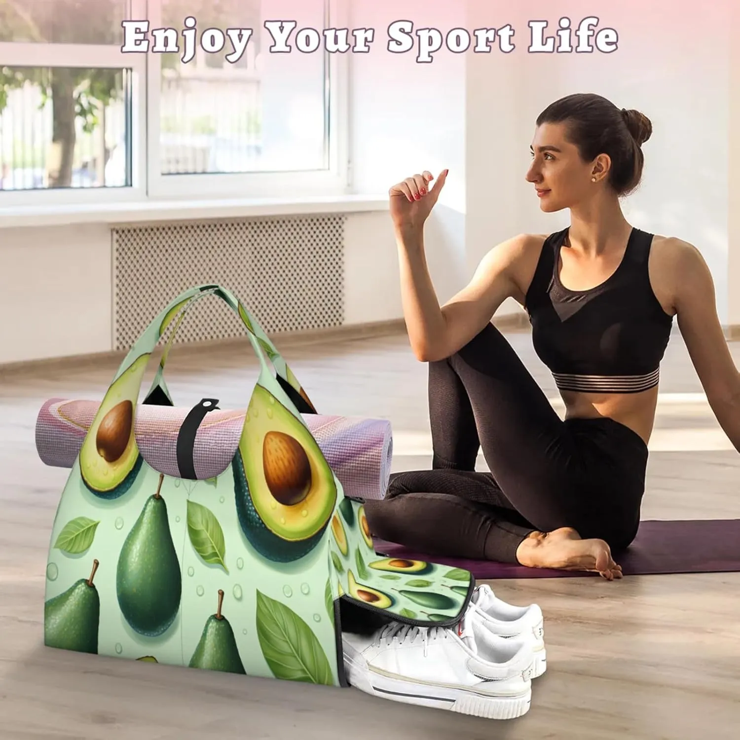 Fresh Avocado Pattern Waterproof Gym Bag for Men Women, Sports Duffel Bag with Shoe Compartment Yoga Mat Holder, Portable Large Travel Bag for Fitness, Camping, Weekend Trips