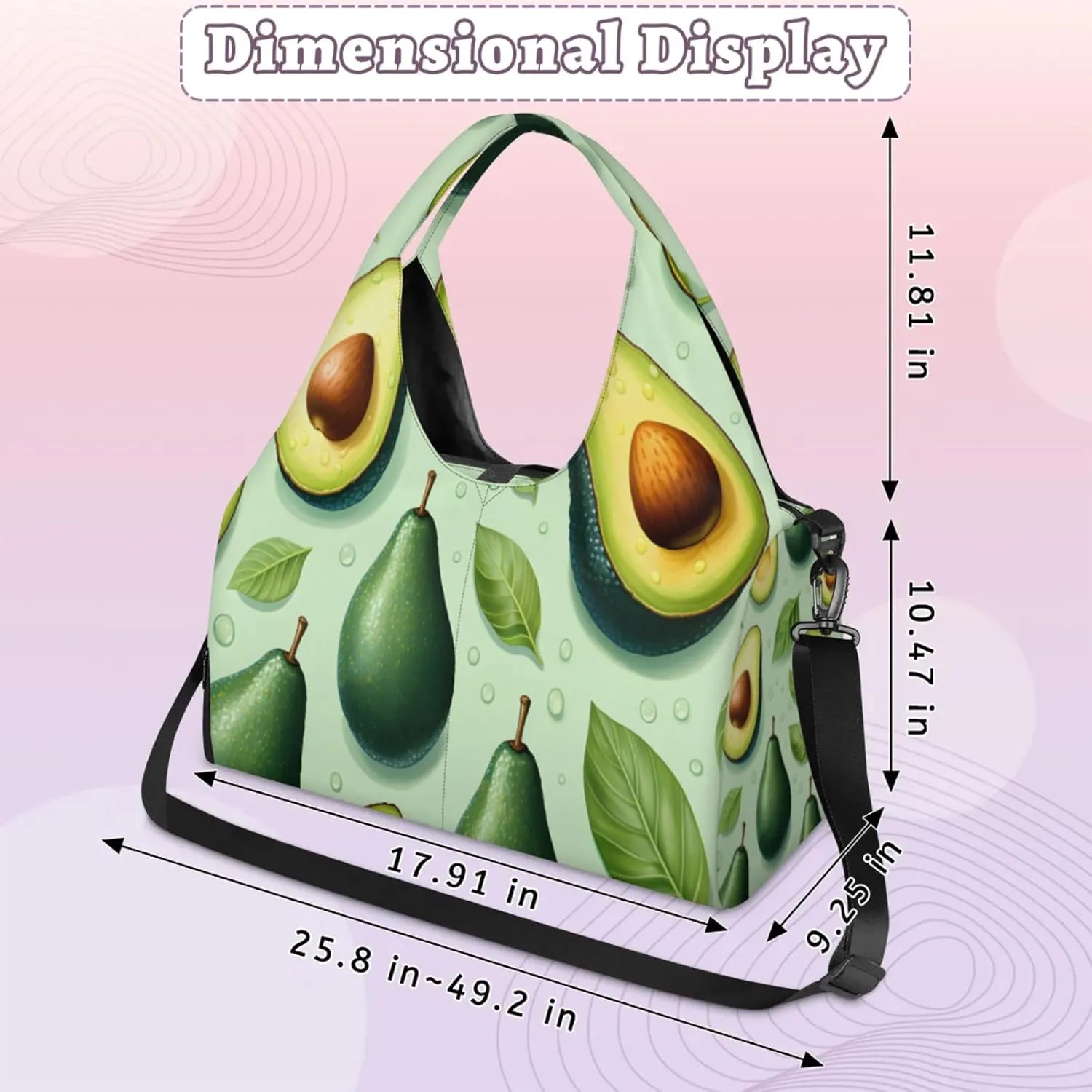 Fresh Avocado Pattern Waterproof Gym Bag for Men Women, Sports Duffel Bag with Shoe Compartment Yoga Mat Holder, Portable Large Travel Bag for Fitness, Camping, Weekend Trips
