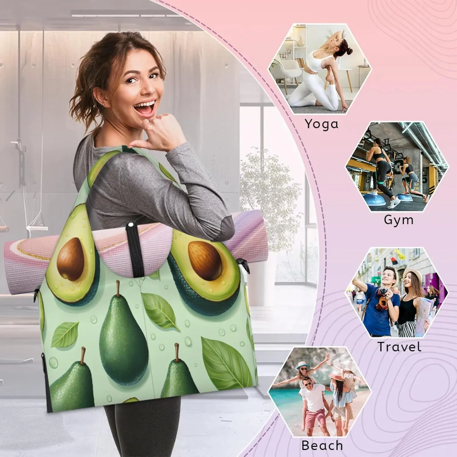 Fresh Avocado Pattern Waterproof Gym Bag for Men Women, Sports Duffel Bag with Shoe Compartment Yoga Mat Holder, Portable Large Travel Bag for Fitness, Camping, Weekend Trips