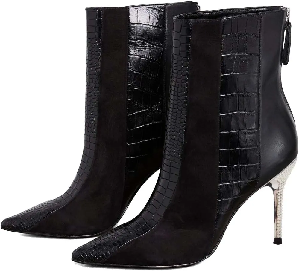 FSJ Women Sexy Stiletto High Heels Crocodile Pattern Ankle Boots Beaded Pointed Toe Booties Back Zipper 4 Inch Ladies Winter Banquet Party Evening Shoes Size 4-15 US