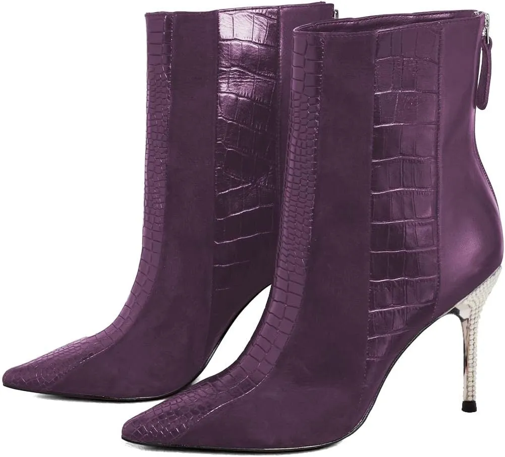 FSJ Women Sexy Stiletto High Heels Crocodile Pattern Ankle Boots Beaded Pointed Toe Booties Back Zipper 4 Inch Ladies Winter Banquet Party Evening Shoes Size 4-15 US