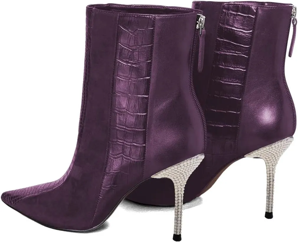 FSJ Women Sexy Stiletto High Heels Crocodile Pattern Ankle Boots Beaded Pointed Toe Booties Back Zipper 4 Inch Ladies Winter Banquet Party Evening Shoes Size 4-15 US