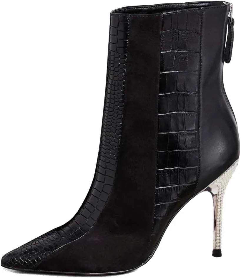 FSJ Women Sexy Stiletto High Heels Crocodile Pattern Ankle Boots Beaded Pointed Toe Booties Back Zipper 4 Inch Ladies Winter Banquet Party Evening Shoes Size 4-15 US