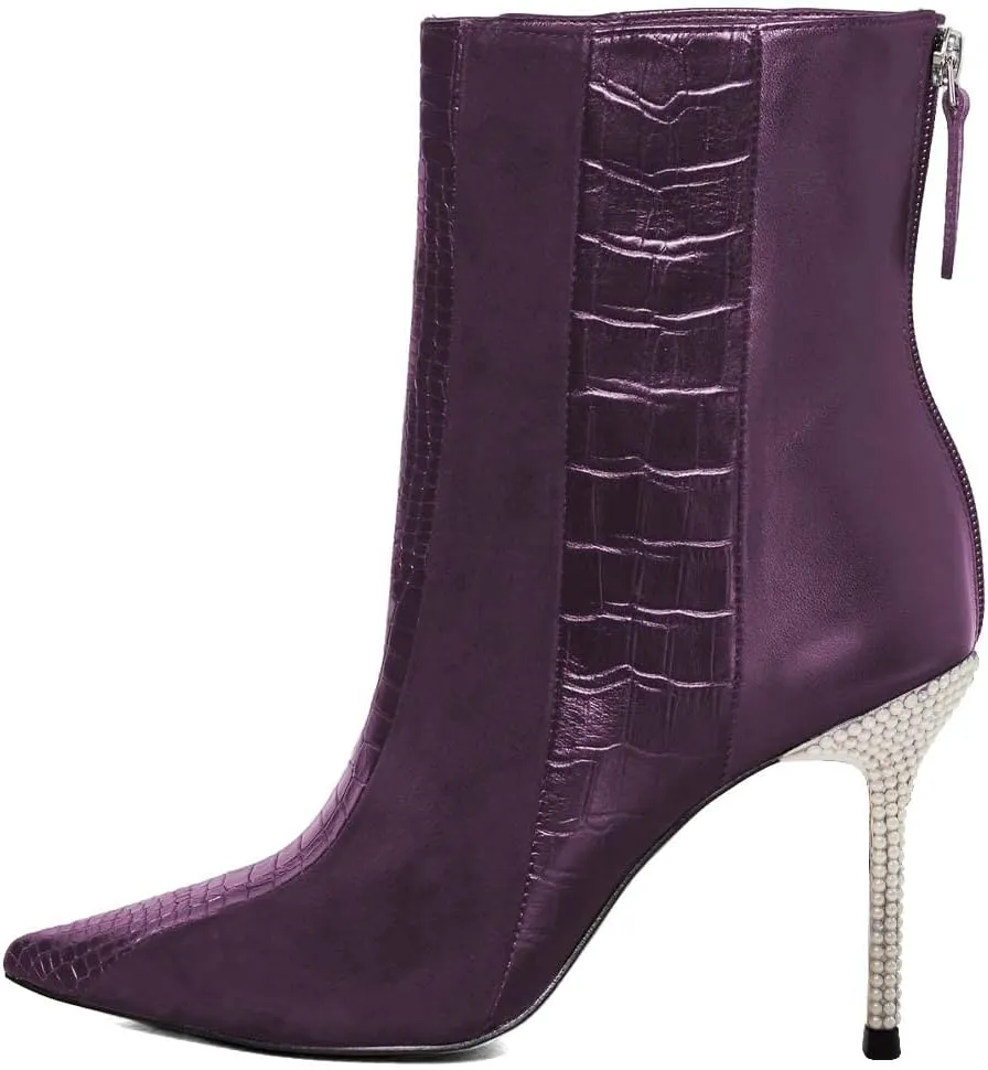 FSJ Women Sexy Stiletto High Heels Crocodile Pattern Ankle Boots Beaded Pointed Toe Booties Back Zipper 4 Inch Ladies Winter Banquet Party Evening Shoes Size 4-15 US