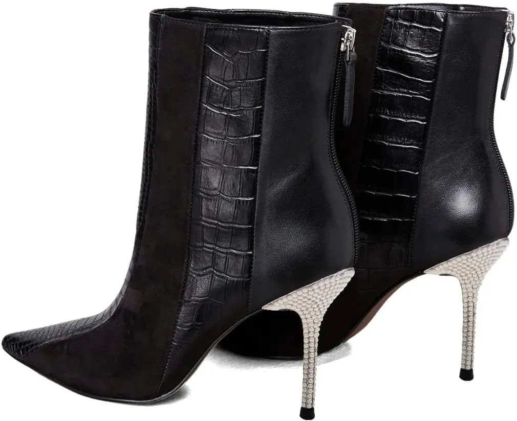FSJ Women Sexy Stiletto High Heels Crocodile Pattern Ankle Boots Beaded Pointed Toe Booties Back Zipper 4 Inch Ladies Winter Banquet Party Evening Shoes Size 4-15 US