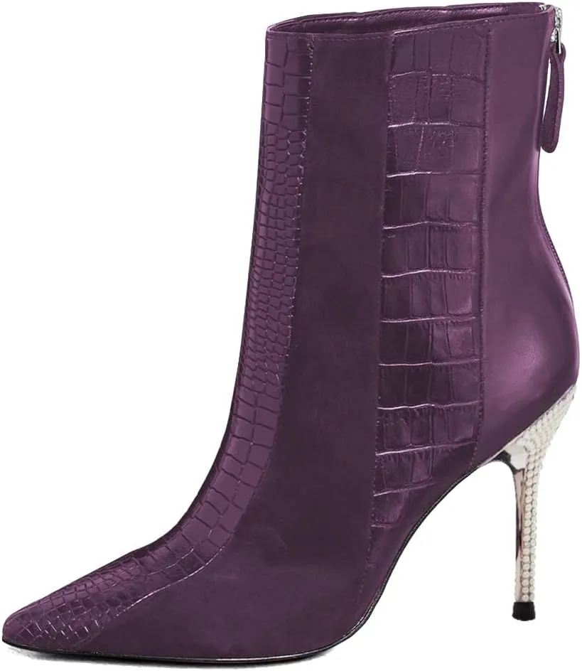 FSJ Women Sexy Stiletto High Heels Crocodile Pattern Ankle Boots Beaded Pointed Toe Booties Back Zipper 4 Inch Ladies Winter Banquet Party Evening Shoes Size 4-15 US