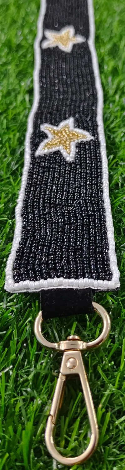 Game Day Beaded Purse Strap – Elegant Stars, 47" Long x 1.5" Wide – Cross Body Handbag Accessory in Black Golden Purple Green and Multicolour (black gold with white boundary)
