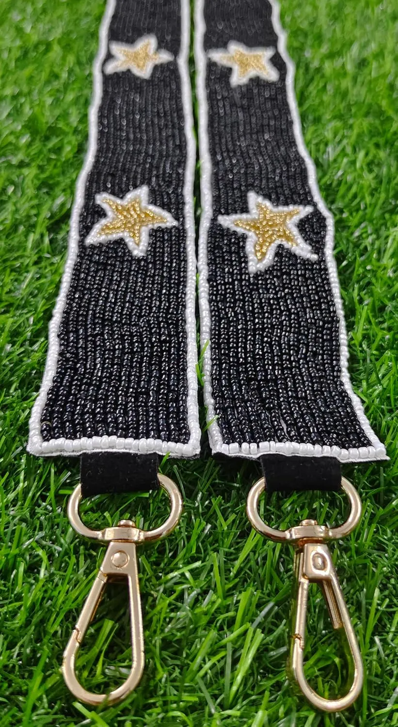 Game Day Beaded Purse Strap – Elegant Stars, 47" Long x 1.5" Wide – Cross Body Handbag Accessory in Black Golden Purple Green and Multicolour (black gold with white boundary)