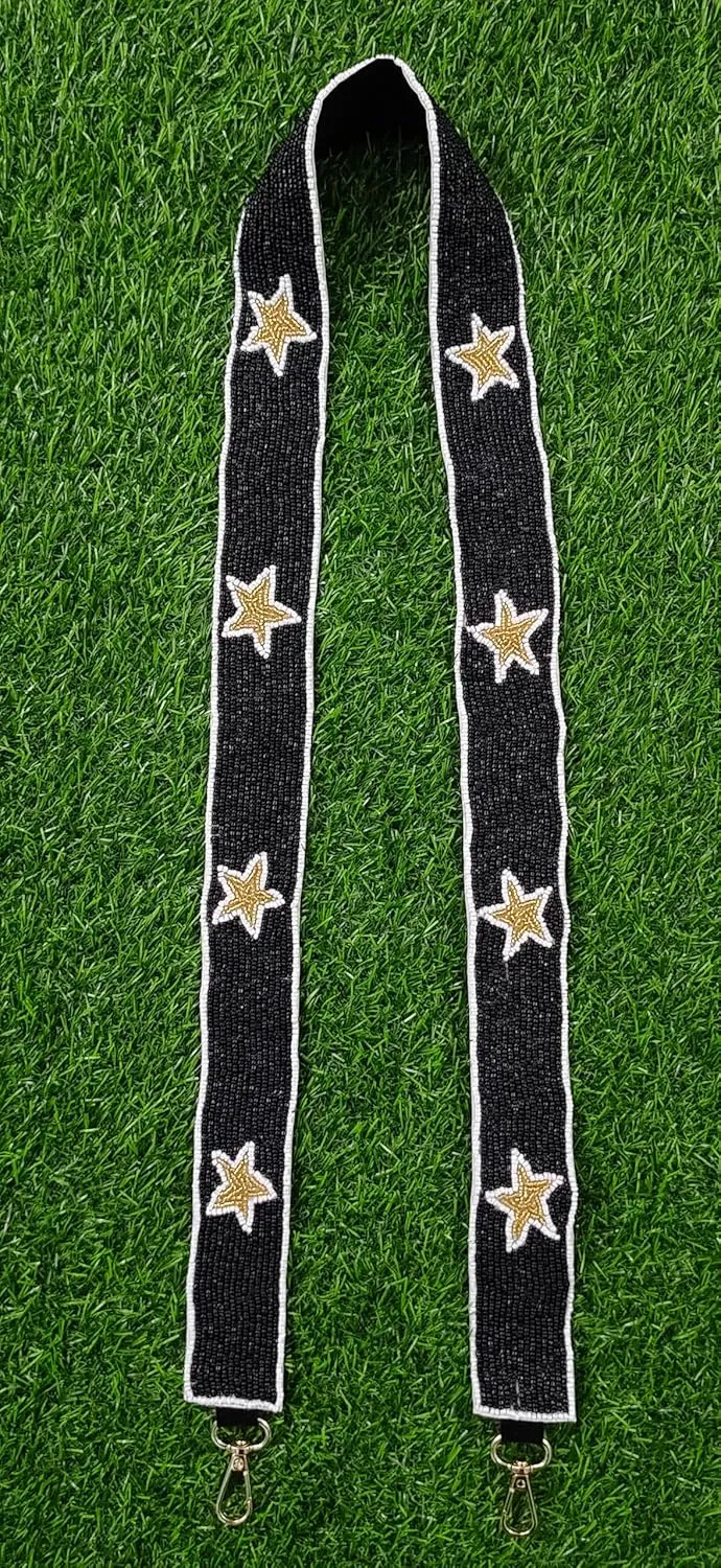 Game Day Beaded Purse Strap – Elegant Stars, 47" Long x 1.5" Wide – Cross Body Handbag Accessory in Black Golden Purple Green and Multicolour (black gold with white boundary)