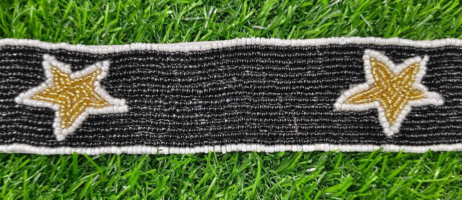 Game Day Beaded Purse Strap – Elegant Stars, 47" Long x 1.5" Wide – Cross Body Handbag Accessory in Black Golden Purple Green and Multicolour (black gold with white boundary)
