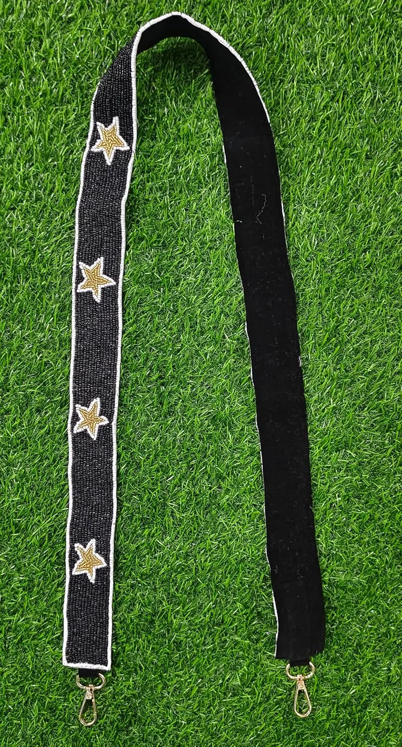 Game Day Beaded Purse Strap – Elegant Stars, 47" Long x 1.5" Wide – Cross Body Handbag Accessory in Black Golden Purple Green and Multicolour (black gold with white boundary)
