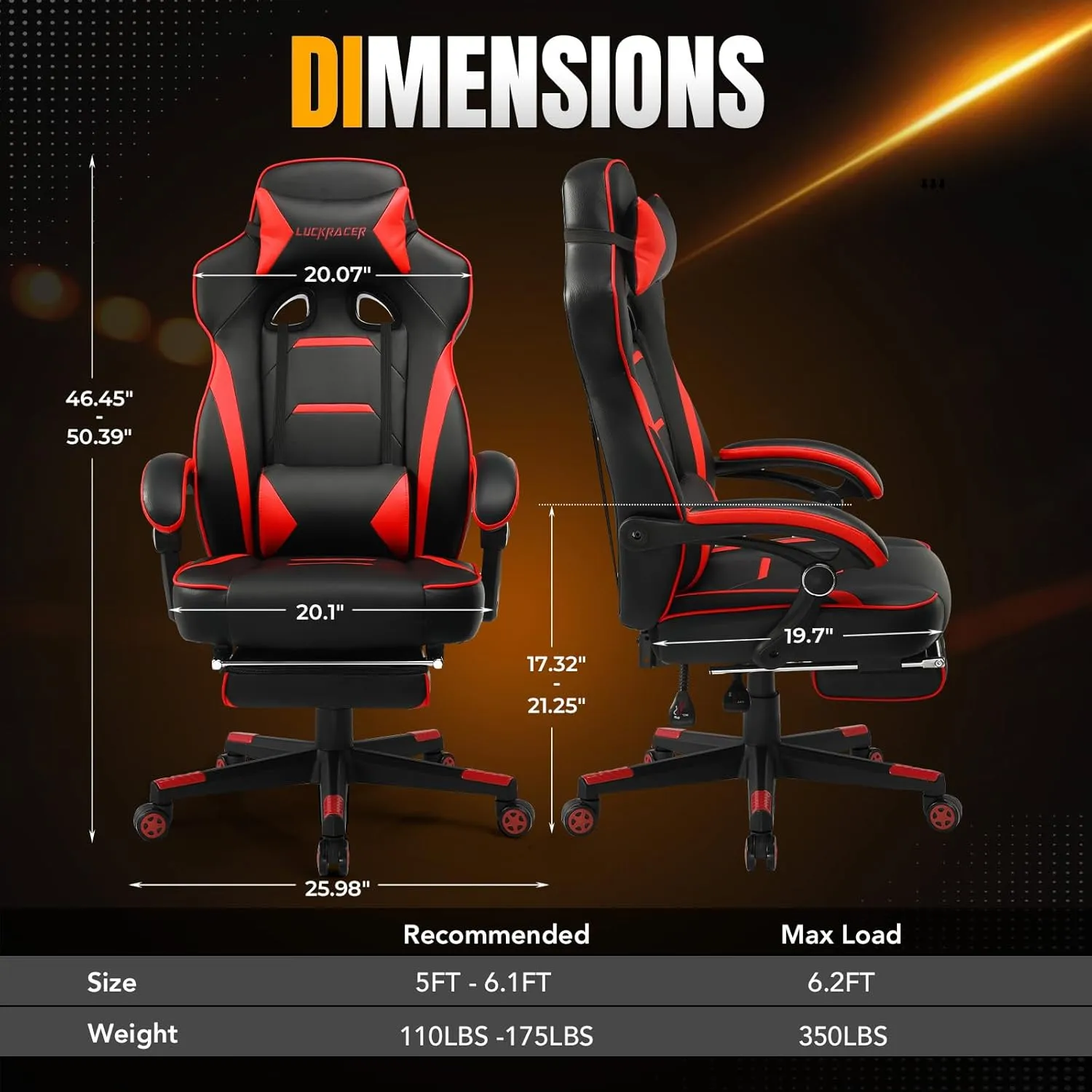 Gaming Chair, Video Game Chairs Gaming Computer Chair with Footrest 350Lb Heavy Duty Gaming Chair Ergonomic Office Chair Lumbar Support for Adults, High Back, Swivel Seat, Recliner(Red)