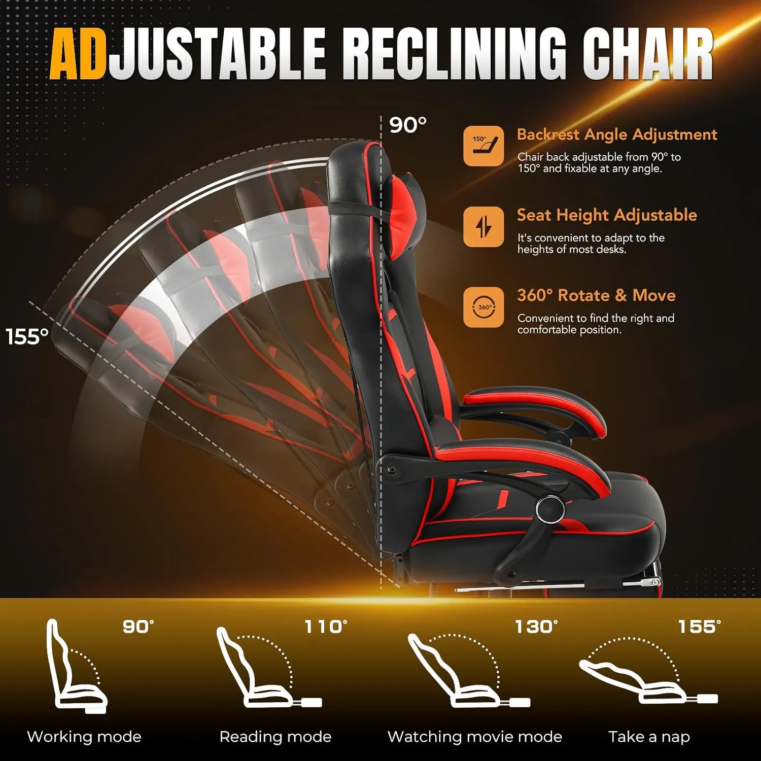 Gaming Chair, Video Game Chairs Gaming Computer Chair with Footrest 350Lb Heavy Duty Gaming Chair Ergonomic Office Chair Lumbar Support for Adults, High Back, Swivel Seat, Recliner(Red)