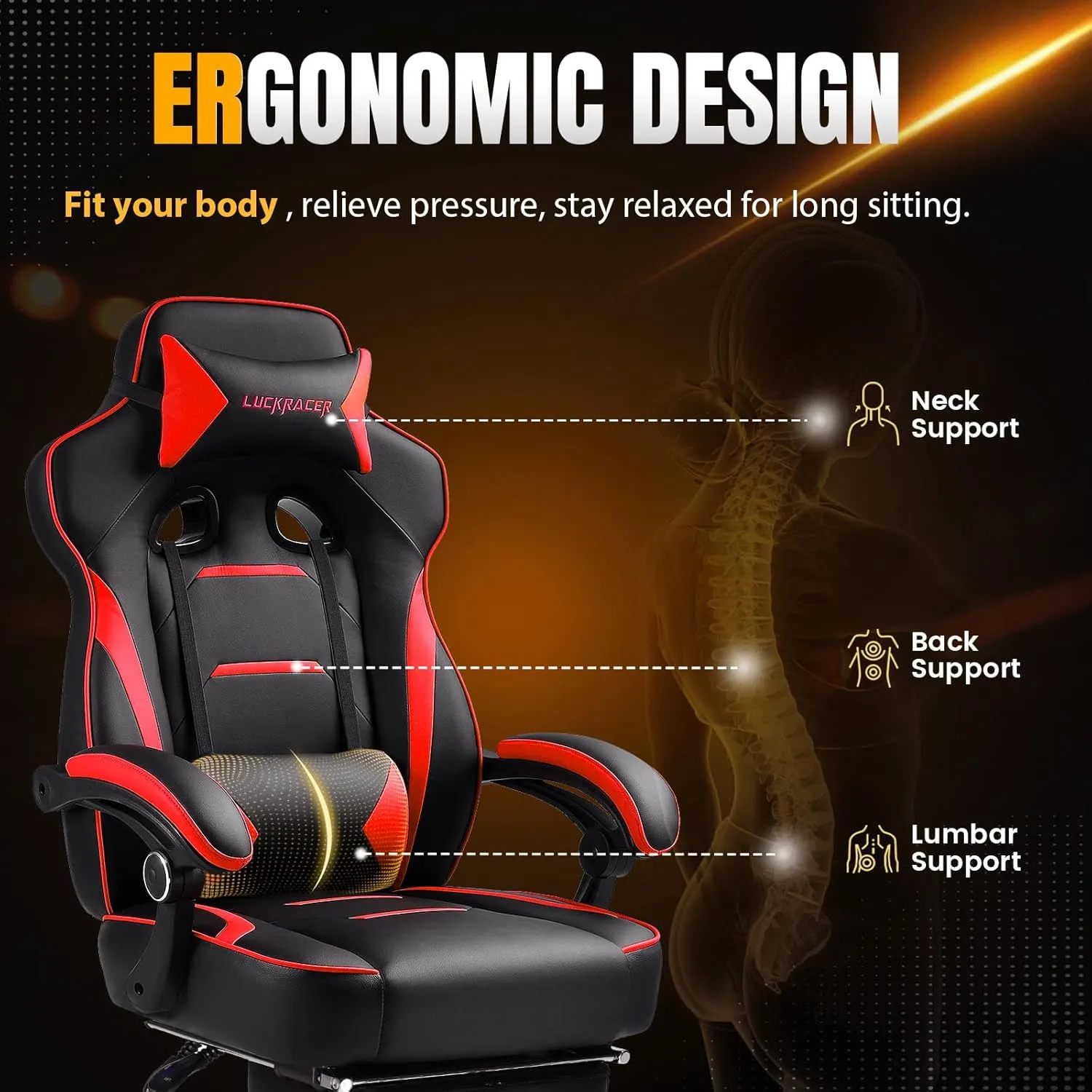 Gaming Chair, Video Game Chairs Gaming Computer Chair with Footrest 350Lb Heavy Duty Gaming Chair Ergonomic Office Chair Lumbar Support for Adults, High Back, Swivel Seat, Recliner(Red)