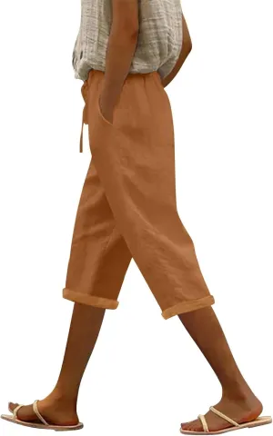 Gauze Beach Pants for Women Cotton Linen Elastic Seven Pants Beach Casual Pants Linen Loose Fit Drawstring Trousers