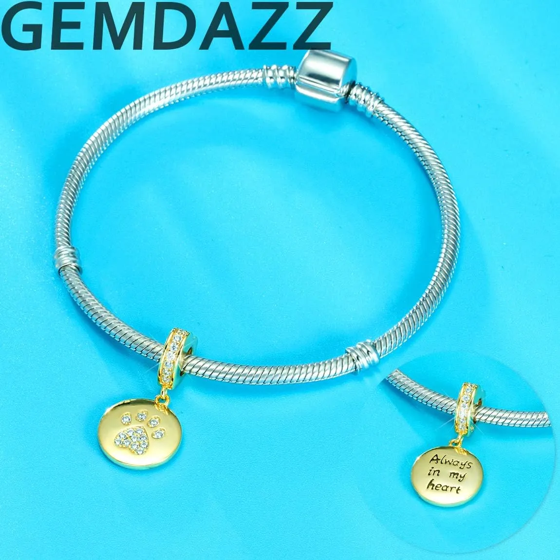 GEMDAZZ Sparkling Puppy Paw Print Charms in 925 Sterling Silver, Pave Dog Pawprint CZ Round Beads and Always in My Heart Charms, Gift for Animal Lover, fit European Women Bracelet/Necklace