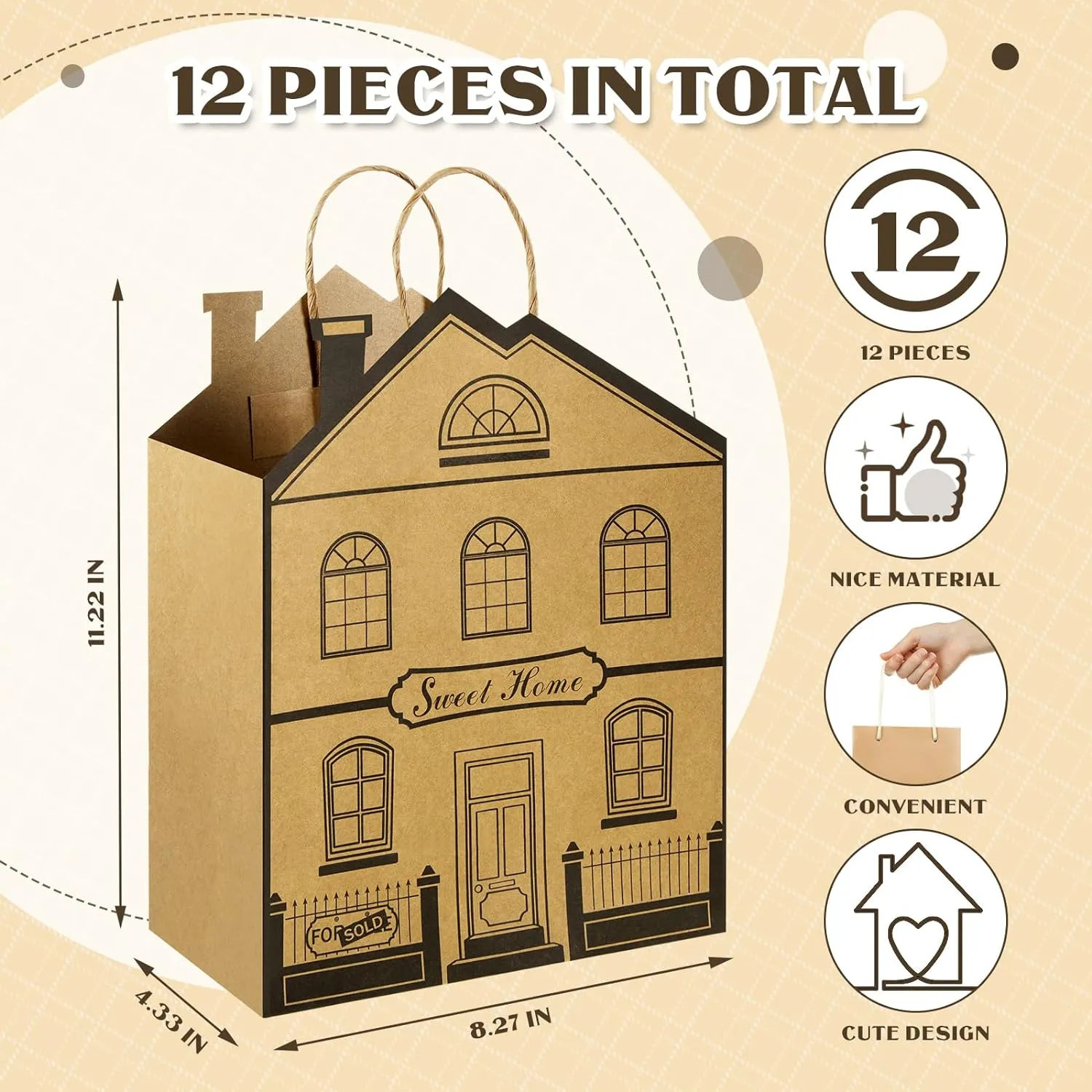 Geosar 12 Pieces House Shaped Gift Bags with Handles Real Estate Agent Gifts House Shaped Paper Treat Bags Kraft Real Estate Party Gift Wrap for Shopping Business