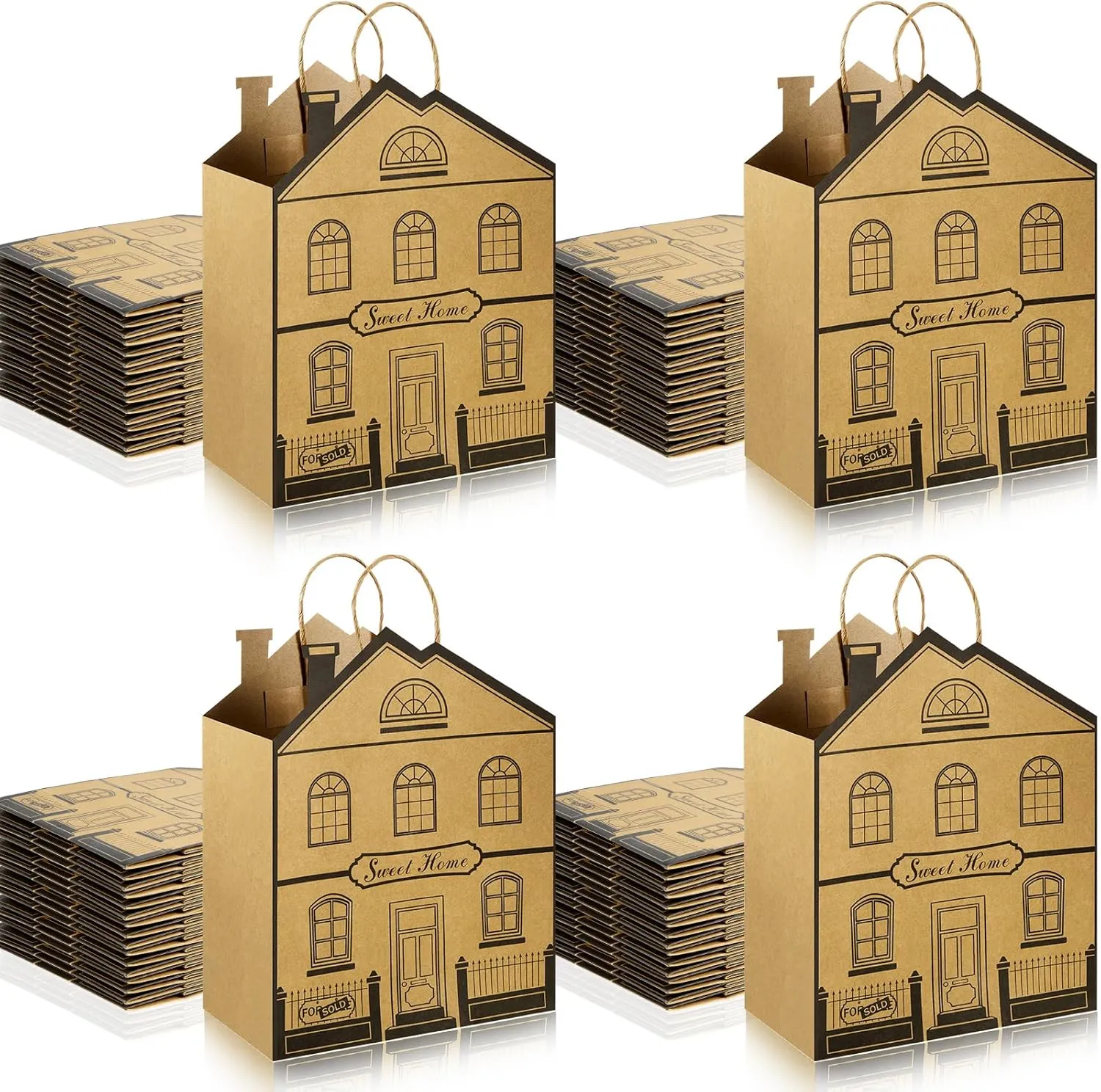 Geosar 60 Pieces House Shaped Gift Bags with Handles Real Estate Agent Gifts House Shaped Paper Treat Bags Kraft Real Estate Party Gift Wrap for Shopping Business