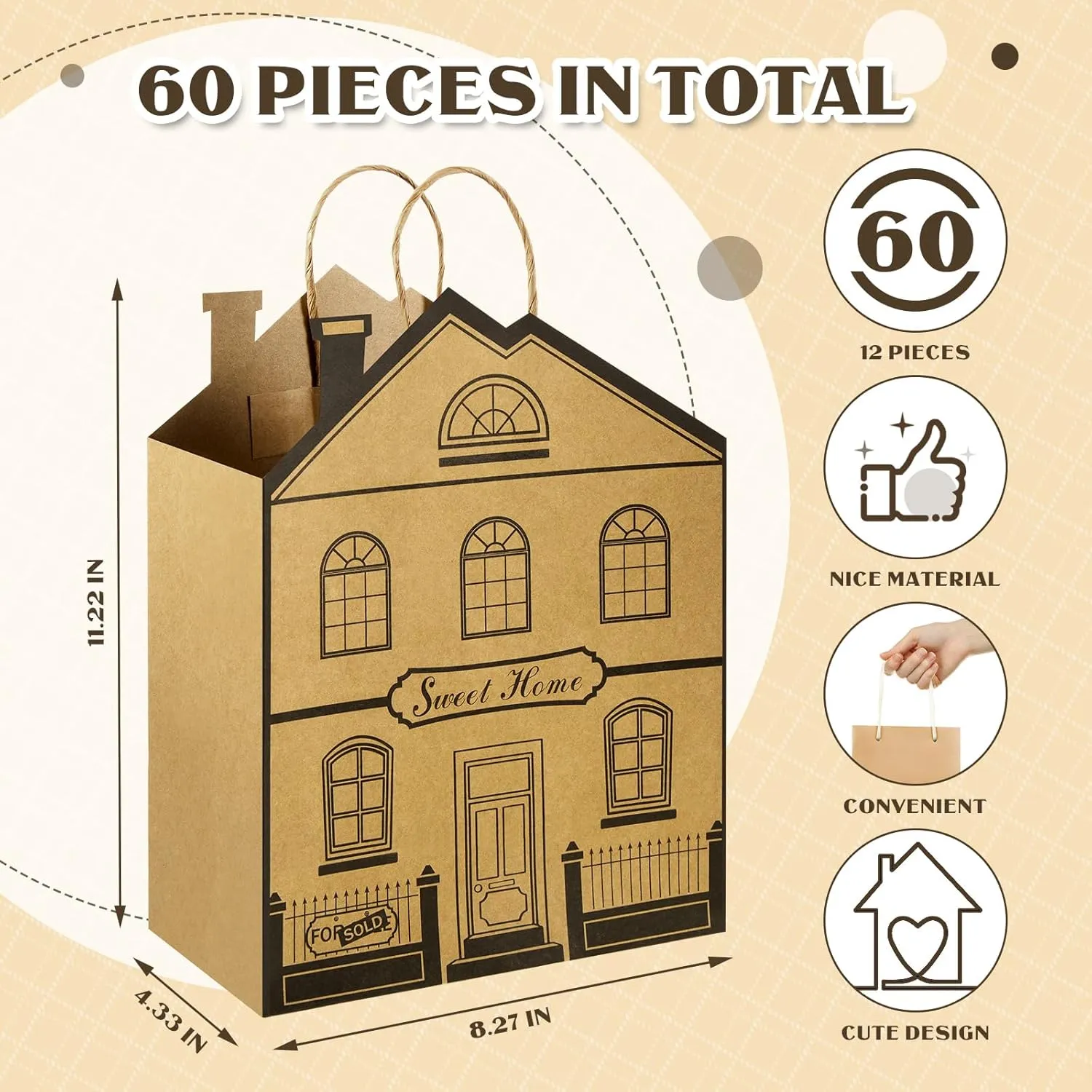 Geosar 60 Pieces House Shaped Gift Bags with Handles Real Estate Agent Gifts House Shaped Paper Treat Bags Kraft Real Estate Party Gift Wrap for Shopping Business