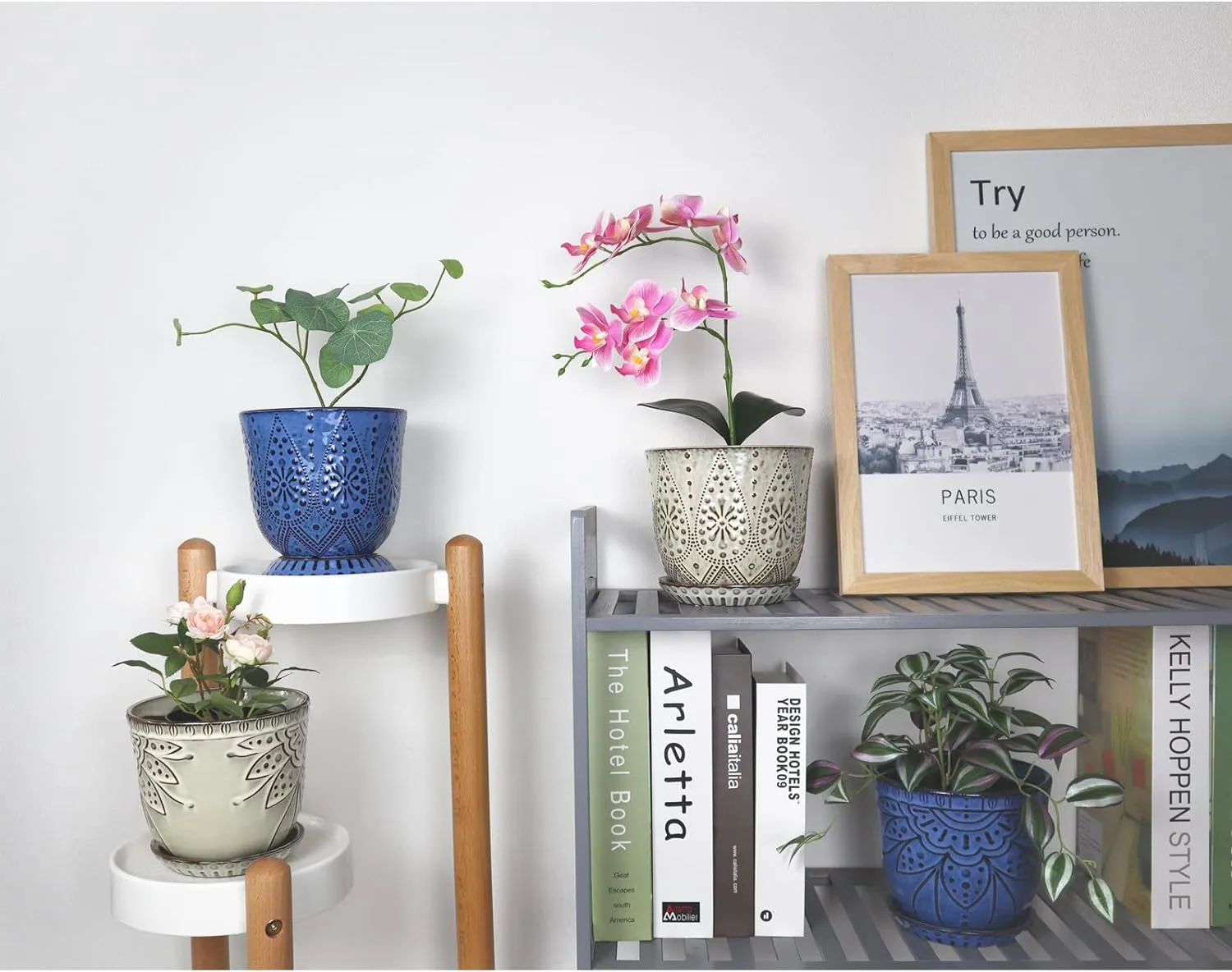 Gepege 6 Inch Beaded Ceramic Planter Set of 2 with Drainage Hole and Saucer for Plants, Indoor-Outdoor Large Round Succulent Orchid Flower Pot (Blue, for Inner-pots not Larger Than 5 Inch)