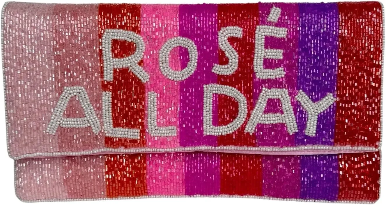 Gigi&Jen Beaded Evening Clutch Purse, Rose All Day Design, Pink Striped Pattern