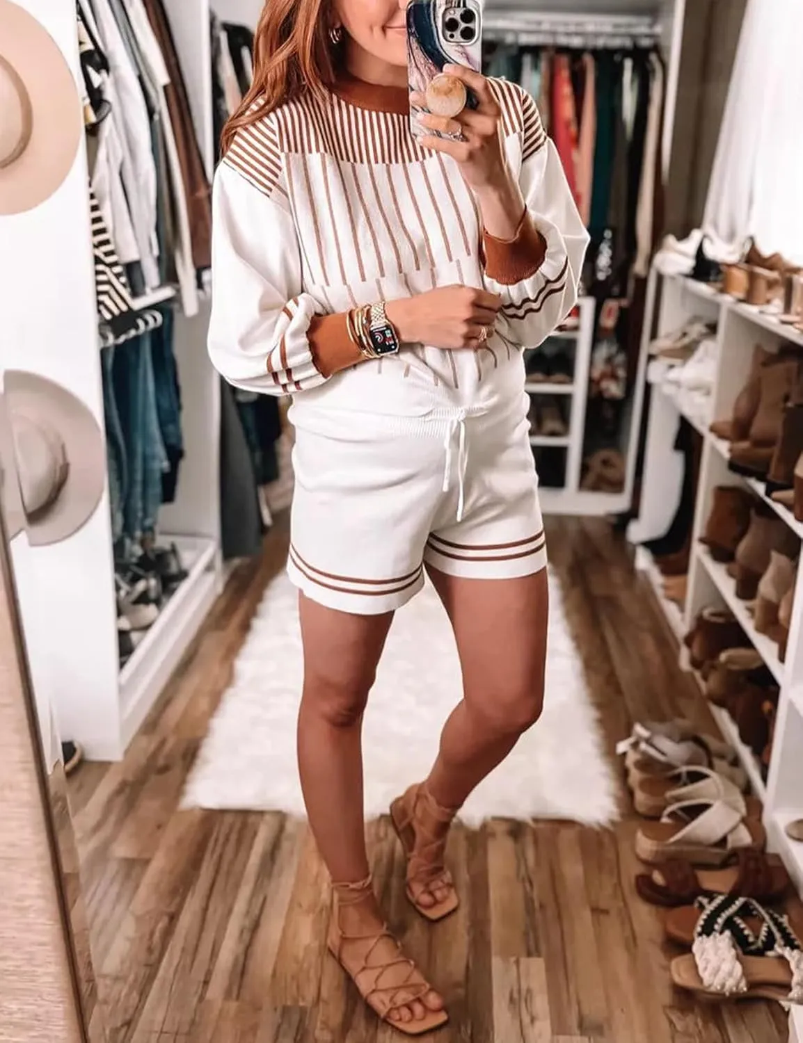 Gihuo Women' s Striped 2 Piece Outfits Crewneck Knit Pullover Sweater Shorts Set Wide Leg Matching Set Loungewear
