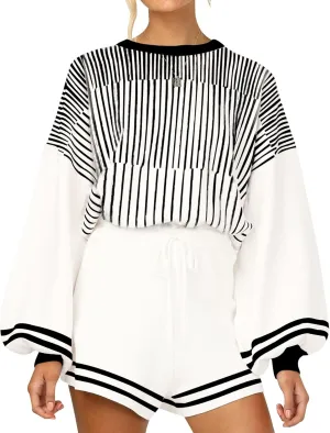 Gihuo Women' s Striped 2 Piece Outfits Crewneck Knit Pullover Sweater Shorts Set Wide Leg Matching Set Loungewear