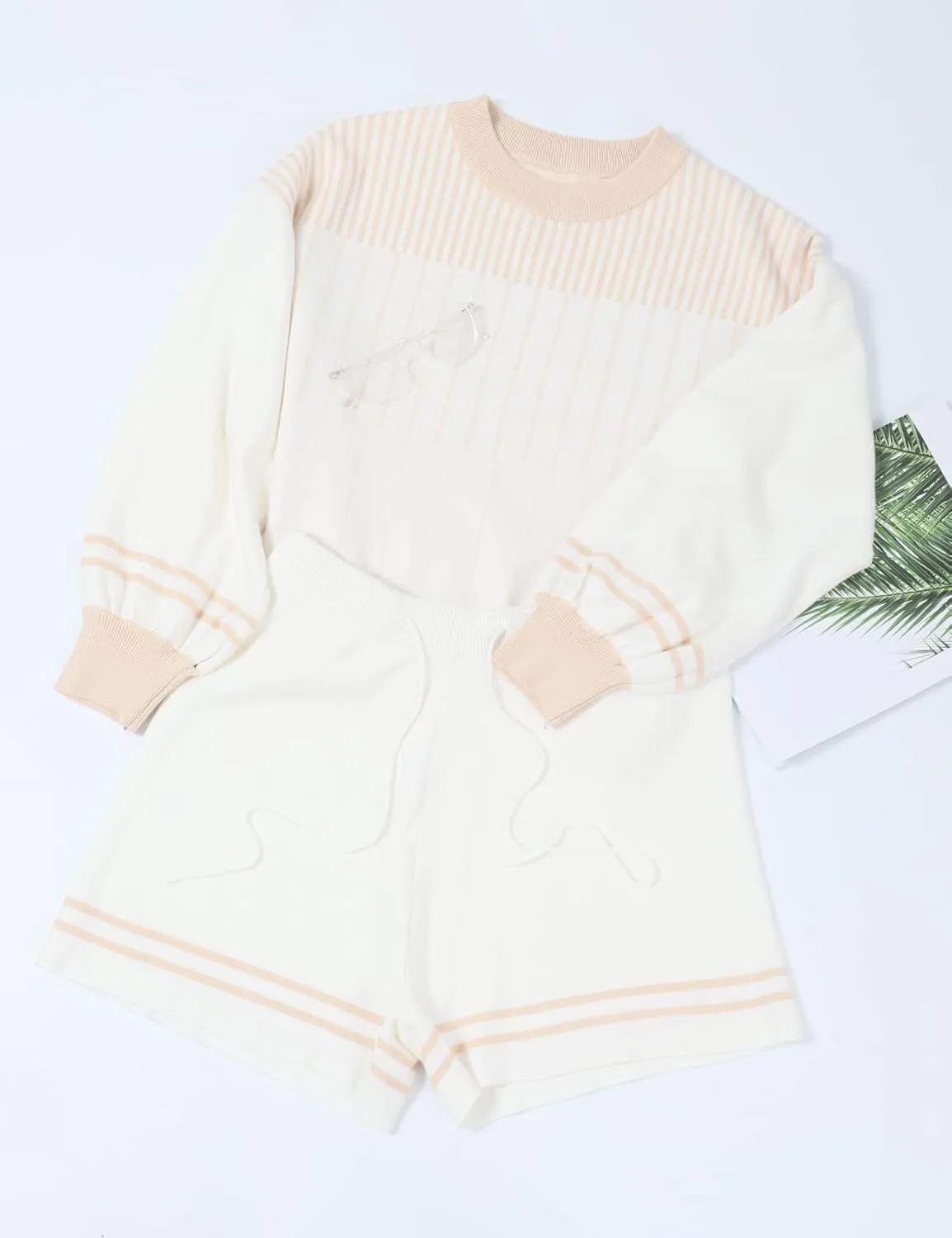Gihuo Women' s Striped 2 Piece Outfits Crewneck Knit Pullover Sweater Shorts Set Wide Leg Matching Set Loungewear