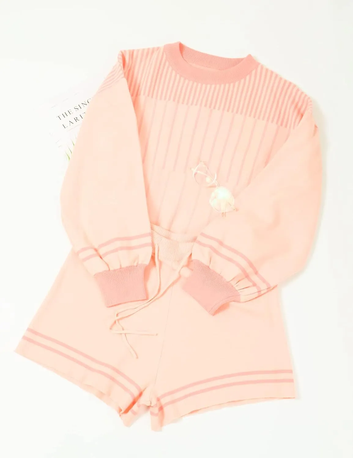 Gihuo Women' s Striped 2 Piece Outfits Crewneck Knit Pullover Sweater Shorts Set Wide Leg Matching Set Loungewear