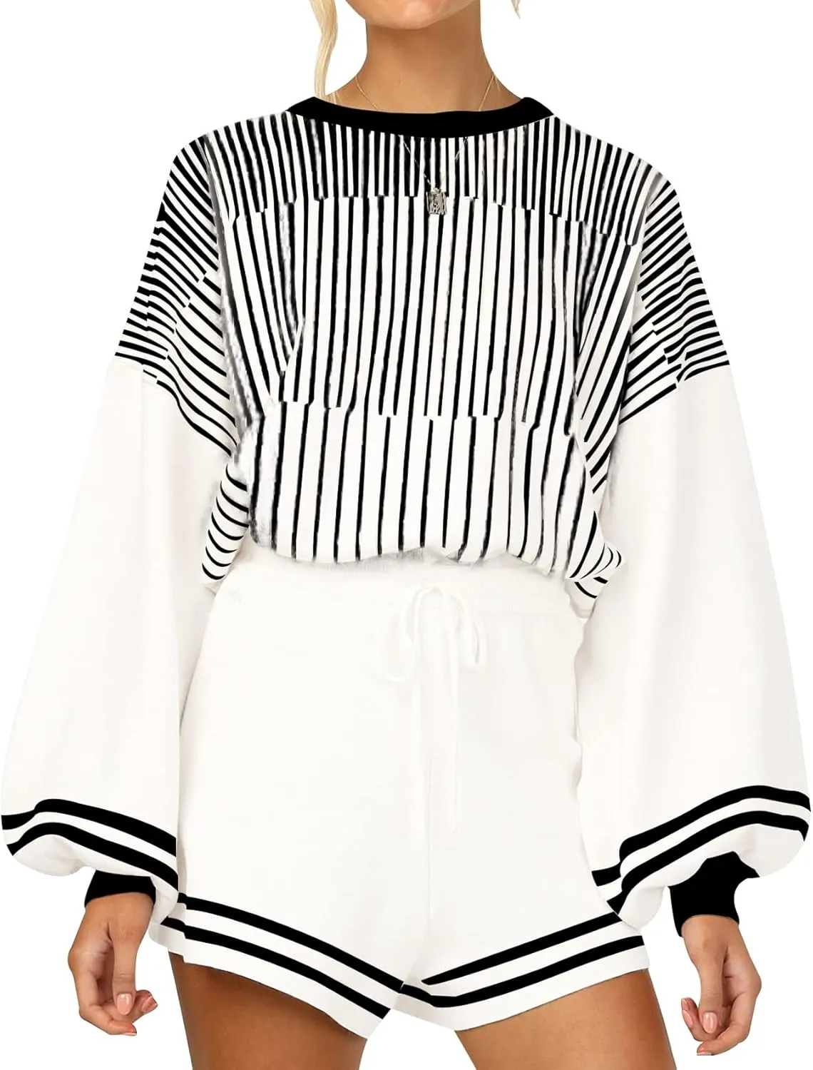 Gihuo Women' s Striped 2 Piece Outfits Crewneck Knit Pullover Sweater Shorts Set Wide Leg Matching Set Loungewear