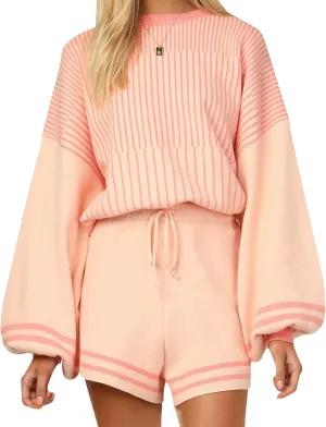 Gihuo Women' s Striped 2 Piece Outfits Crewneck Knit Pullover Sweater Shorts Set Wide Leg Matching Set Loungewear