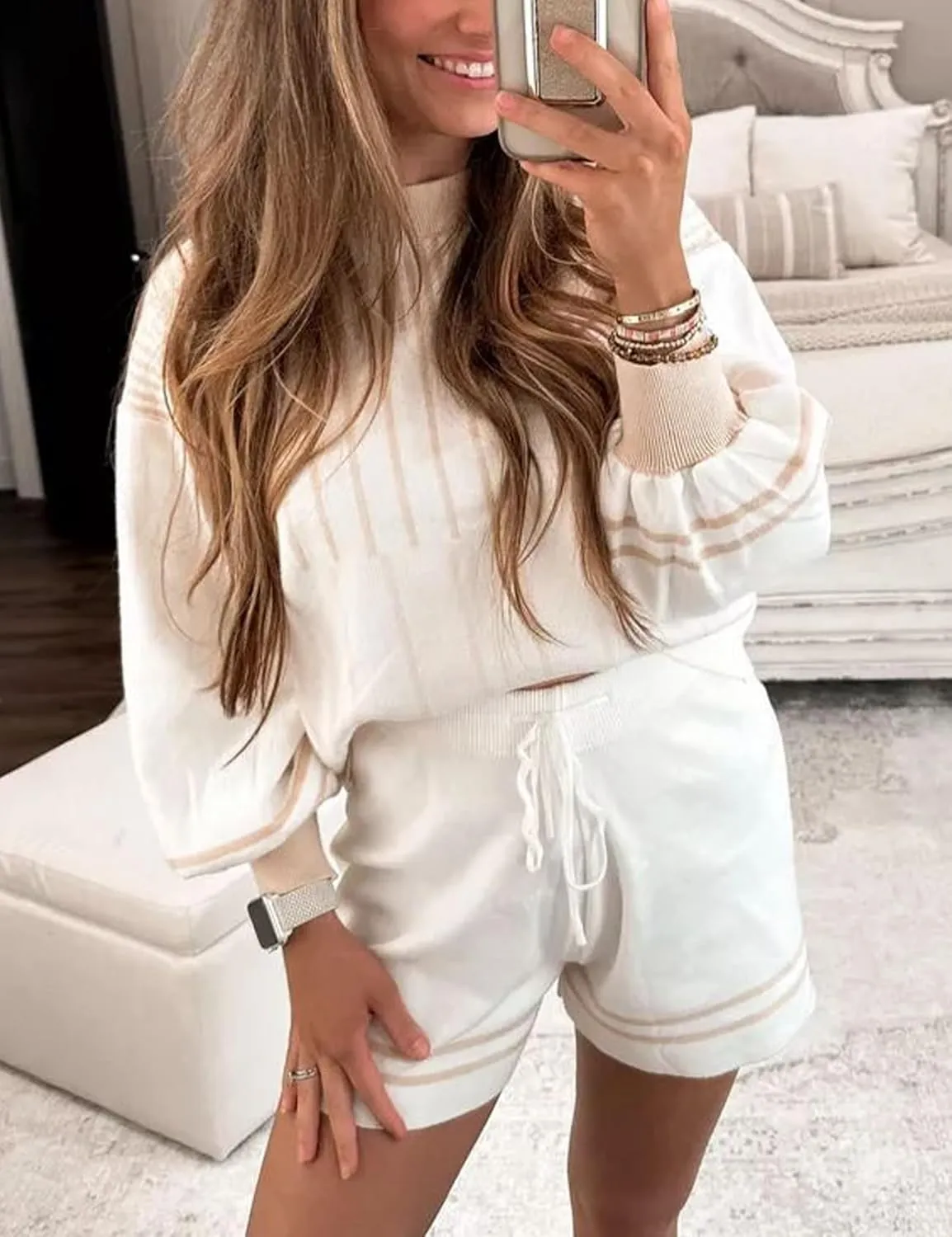 Gihuo Women' s Striped 2 Piece Outfits Crewneck Knit Pullover Sweater Shorts Set Wide Leg Matching Set Loungewear