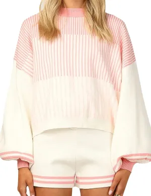 Gihuo Women' s Striped 2 Piece Outfits Crewneck Knit Pullover Sweater Shorts Set Wide Leg Matching Set Loungewear