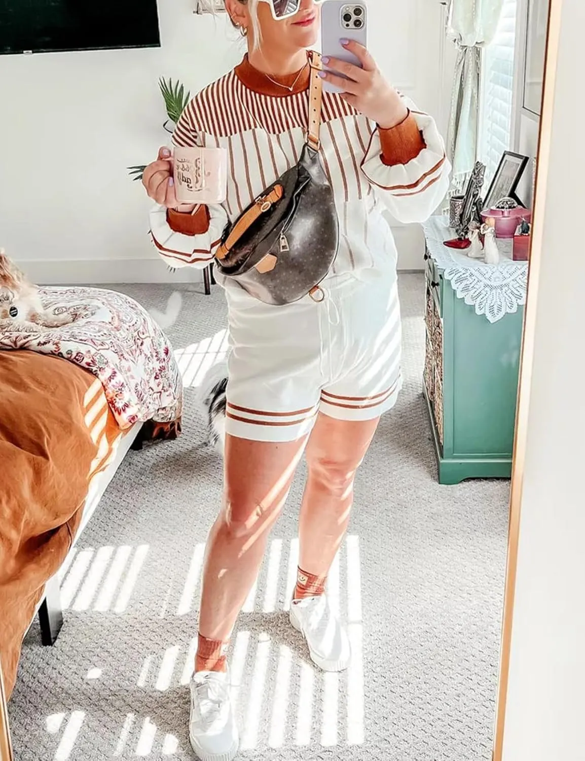 Gihuo Women' s Striped 2 Piece Outfits Crewneck Knit Pullover Sweater Shorts Set Wide Leg Matching Set Loungewear