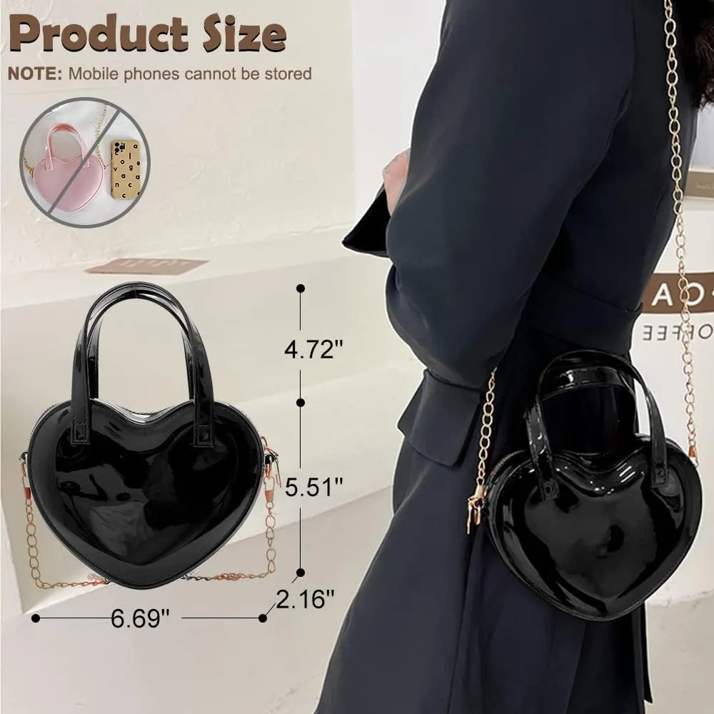 Girls Novelty Heart-Shaped Purse Chain Purse Zipper Closure Tote Handbag Shoulder Crossbody Bags Travel Wallet (Black)