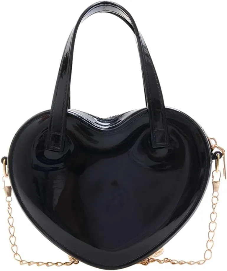 Girls Novelty Heart-Shaped Purse Chain Purse Zipper Closure Tote Handbag Shoulder Crossbody Bags Travel Wallet (Black)