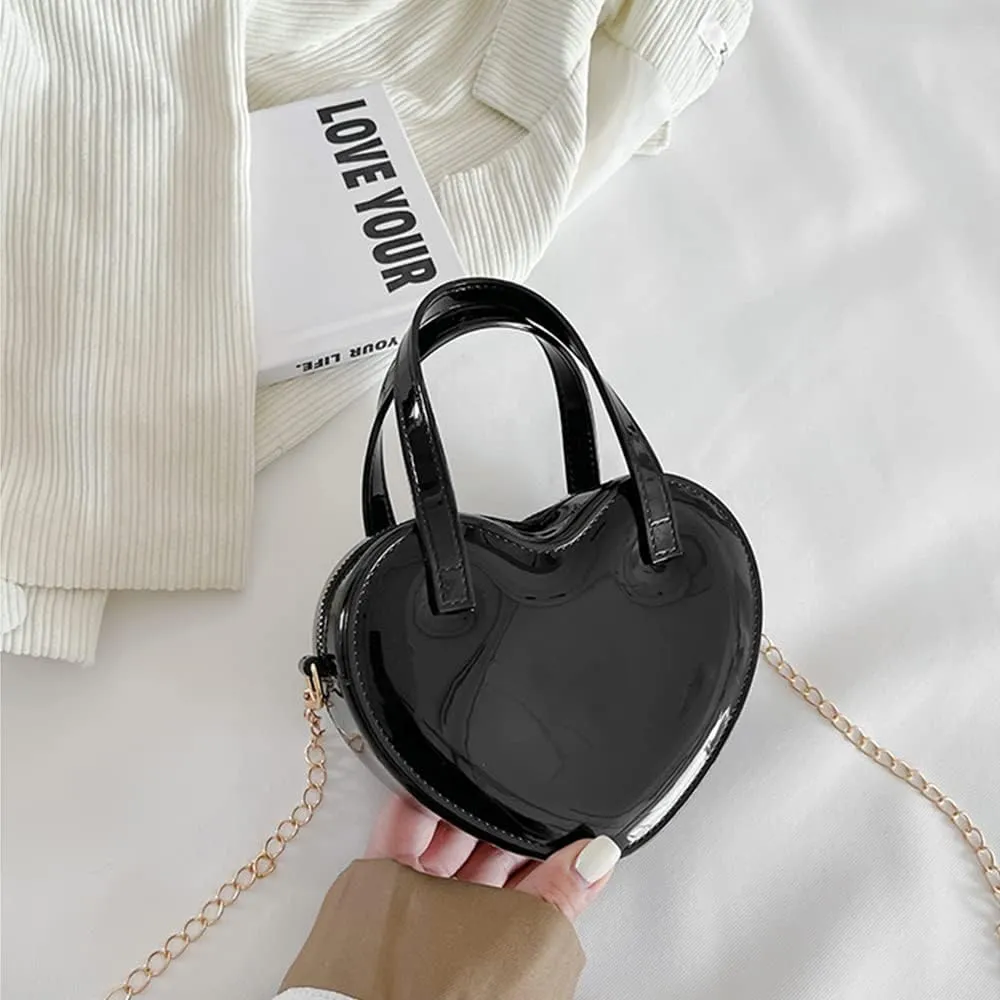 Girls Novelty Heart-Shaped Purse Chain Purse Zipper Closure Tote Handbag Shoulder Crossbody Bags Travel Wallet (Black)
