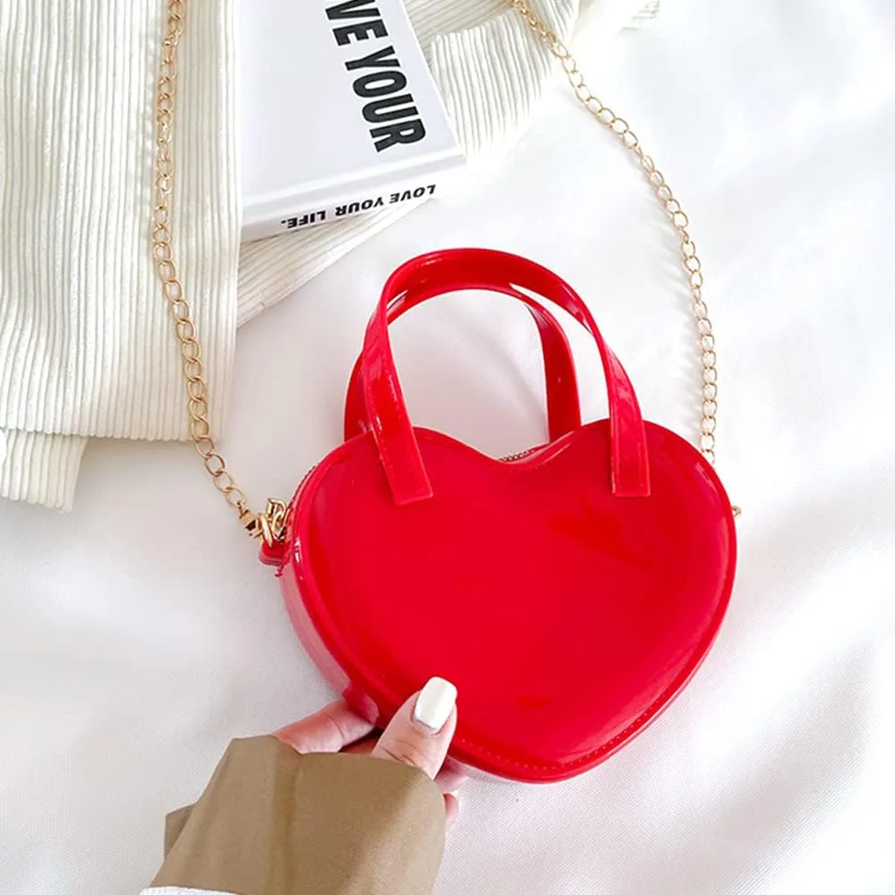 Girls Novelty Heart-Shaped Purse Chain Purse Zipper Closure Tote Handbag Shoulder Crossbody Bags Travel Wallet (Red)