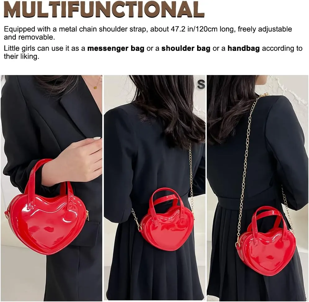 Girls Novelty Heart-Shaped Purse Chain Purse Zipper Closure Tote Handbag Shoulder Crossbody Bags Travel Wallet (Red)