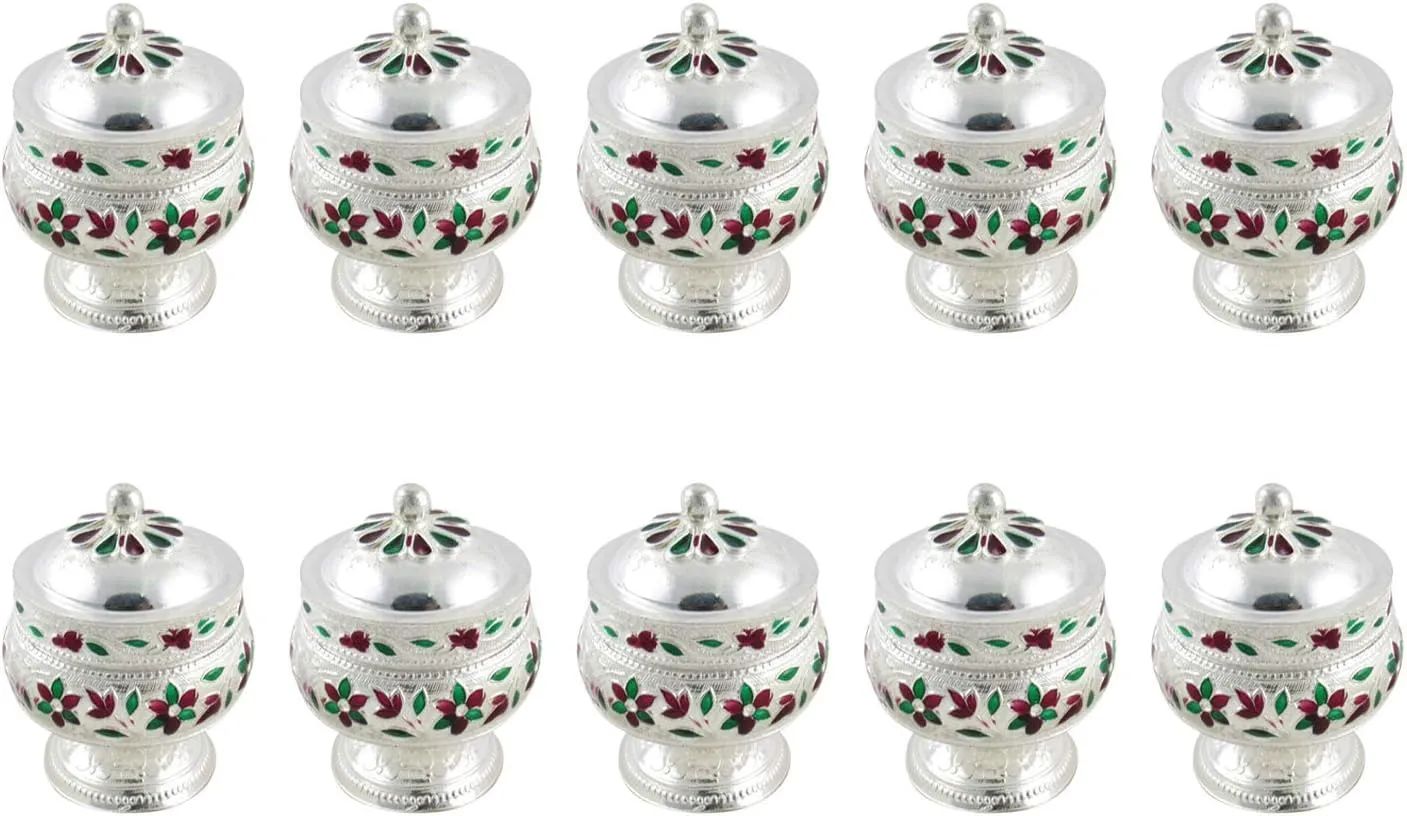 GoldGiftIdeas Silver Plated Sindoor Dabbi with Lid, Return Gifts for Housewarming and Baby Shower, Indian Pooja Items Silver, Indian Pooja Thali Set for Home, Wedding Return Gift with Potli Bags (10)