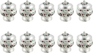 GoldGiftIdeas Silver Plated Sindoor Dabbi with Lid, Return Gifts for Housewarming and Baby Shower, Indian Pooja Items Silver, Indian Pooja Thali Set for Home, Wedding Return Gift with Potli Bags (10)