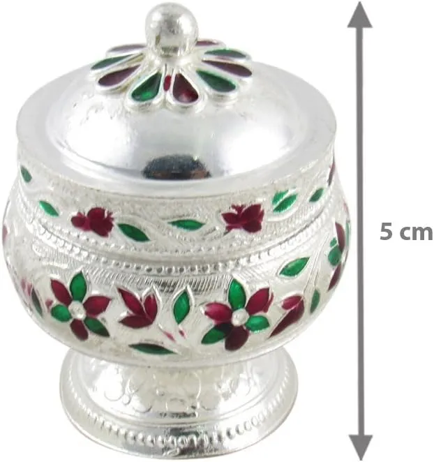 GoldGiftIdeas Silver Plated Sindoor Dabbi with Lid, Return Gifts for Housewarming and Baby Shower, Indian Pooja Items Silver, Indian Pooja Thali Set for Home, Wedding Return Gift with Potli Bags (10)