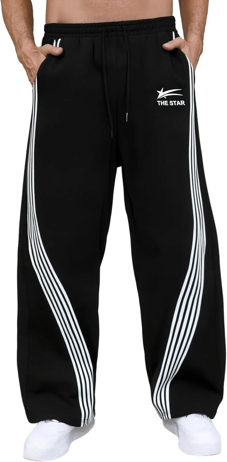 GORGLITTER Men's Baggy Wide Leg Sweatpants Y2K Striped Side Drawstring Waist Barrel Track Pants with Pockets