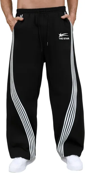 GORGLITTER Men's Wide Leg Baggy Sweatpants Y2k Striped Side Drawstring Waist Track Pants with Pockets