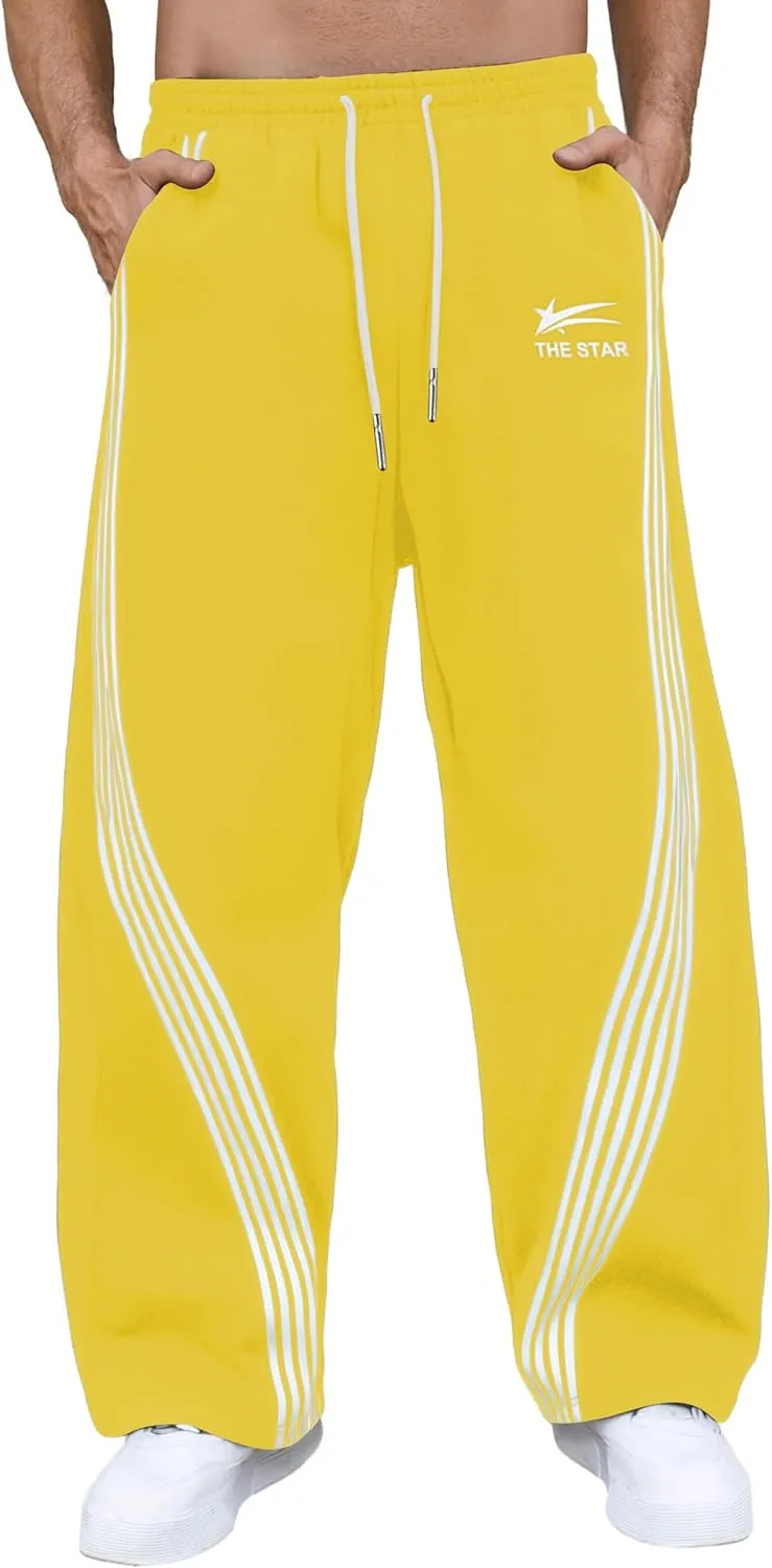 GORGLITTER Men's Wide Leg Baggy Sweatpants Y2k Striped Side Drawstring Waist Track Pants with Pockets