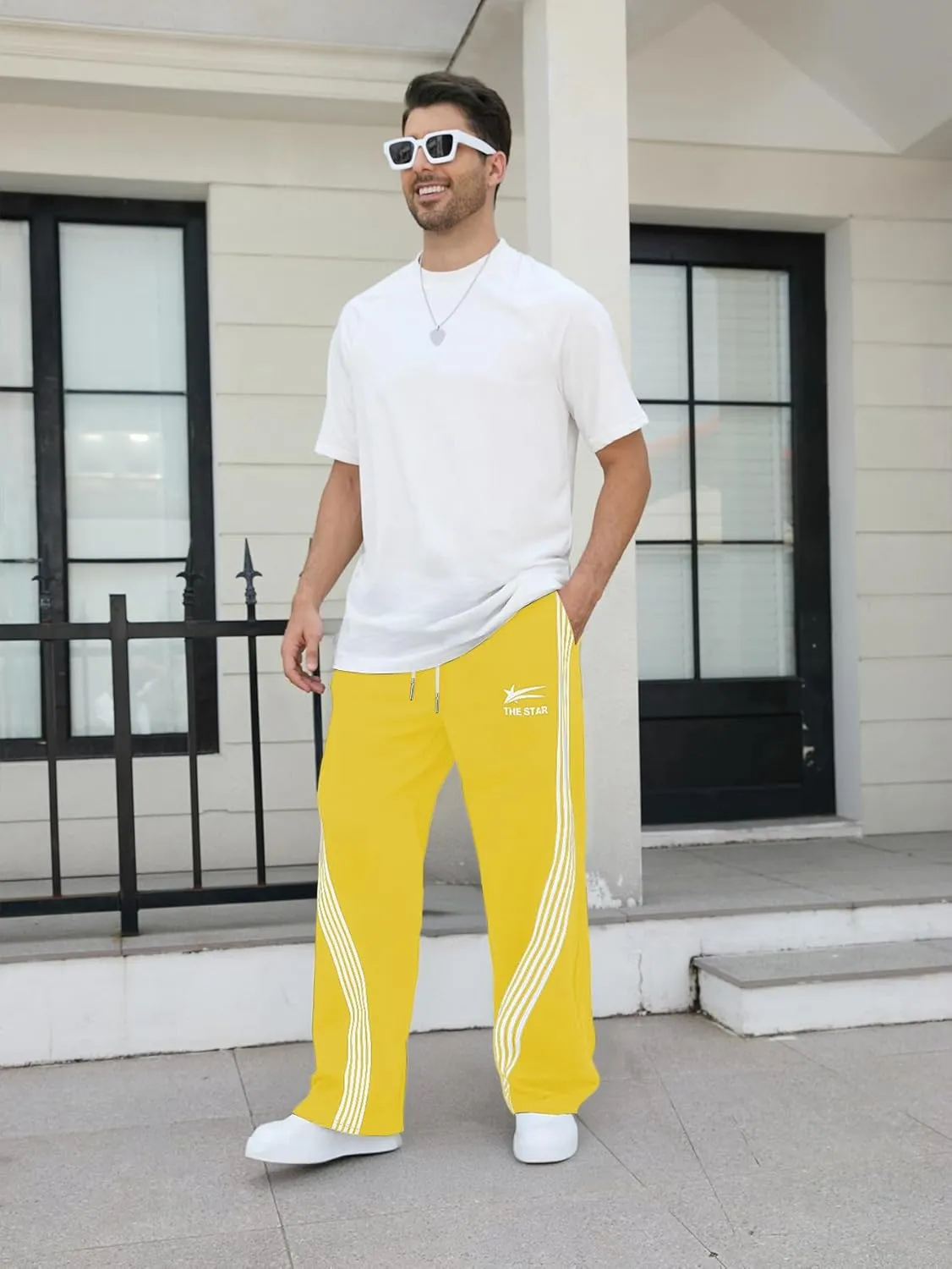 GORGLITTER Men's Wide Leg Baggy Sweatpants Y2k Striped Side Drawstring Waist Track Pants with Pockets