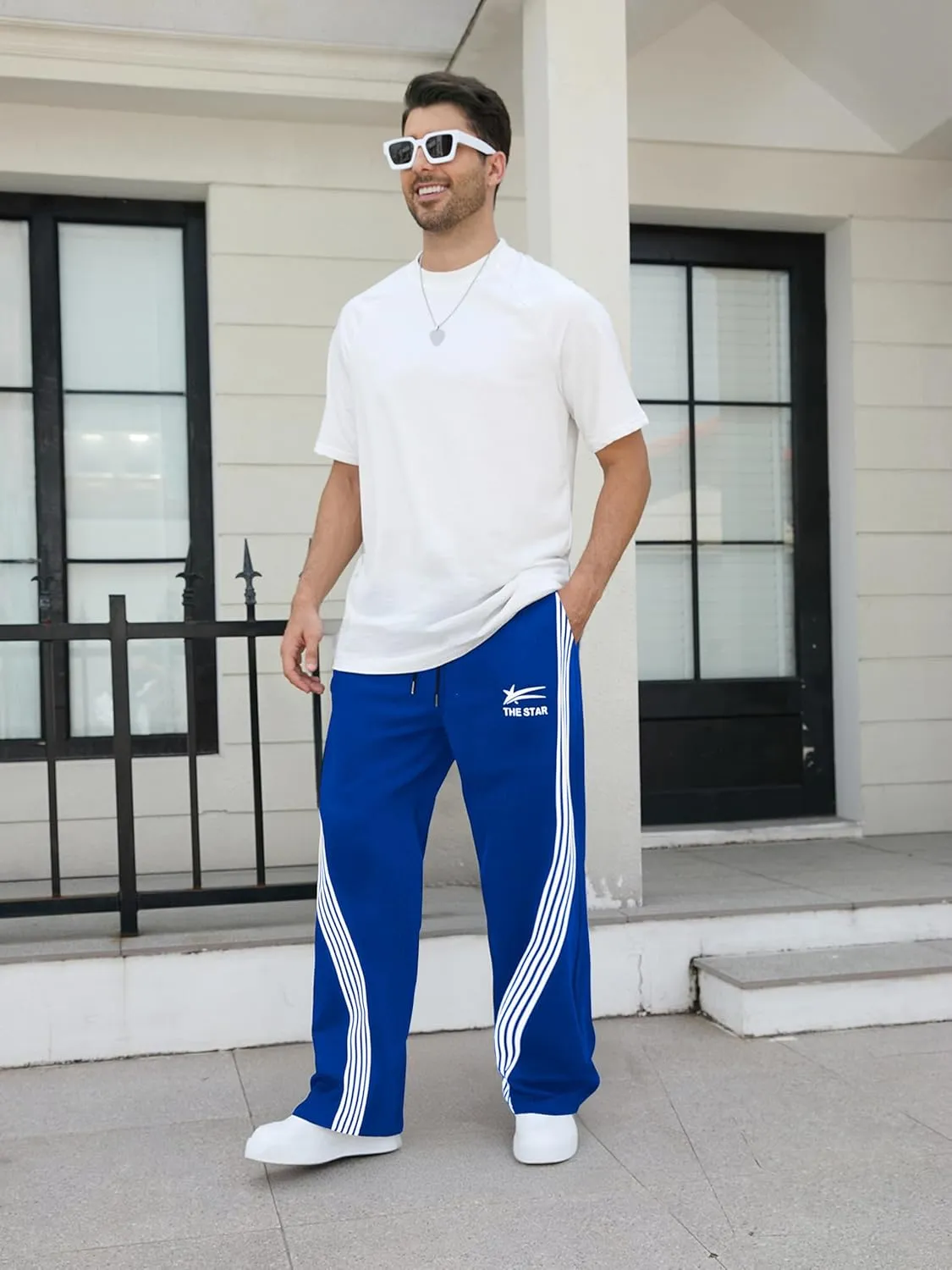 GORGLITTER Men's Wide Leg Baggy Sweatpants Y2k Striped Side Drawstring Waist Track Pants with Pockets