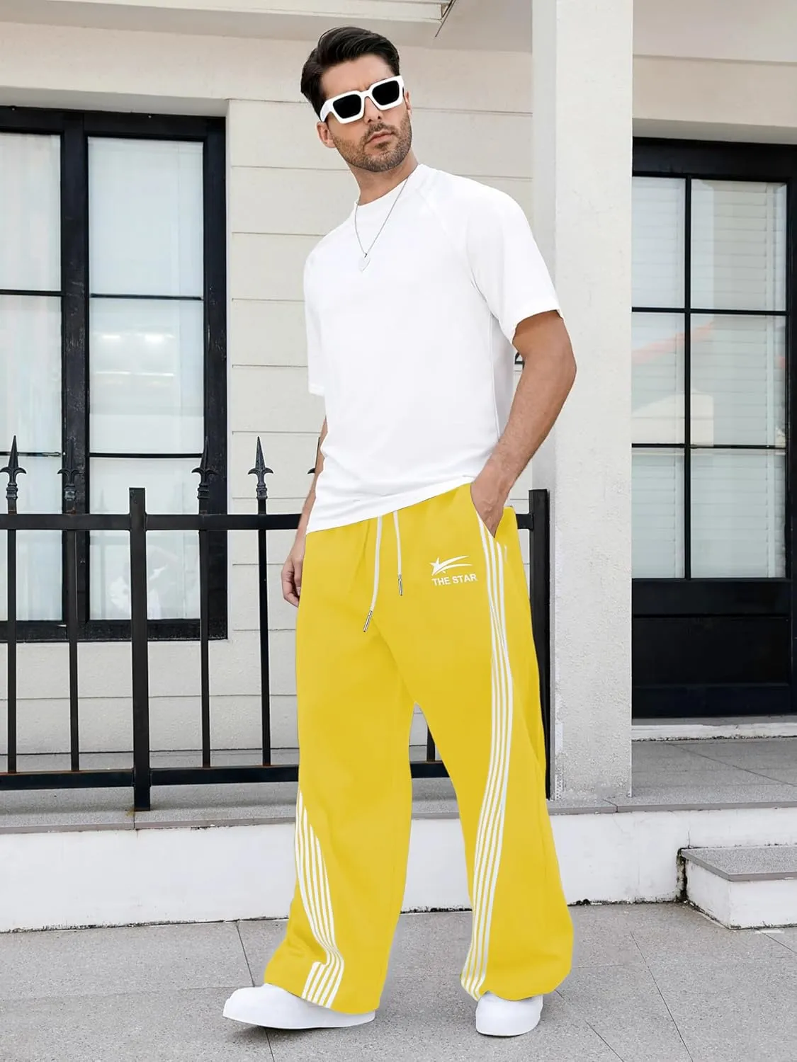 GORGLITTER Men's Wide Leg Baggy Sweatpants Y2k Striped Side Drawstring Waist Track Pants with Pockets